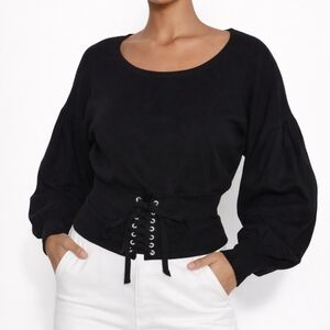 Express Blousant With Cord Lace Waist Pullover Sweater Black Large